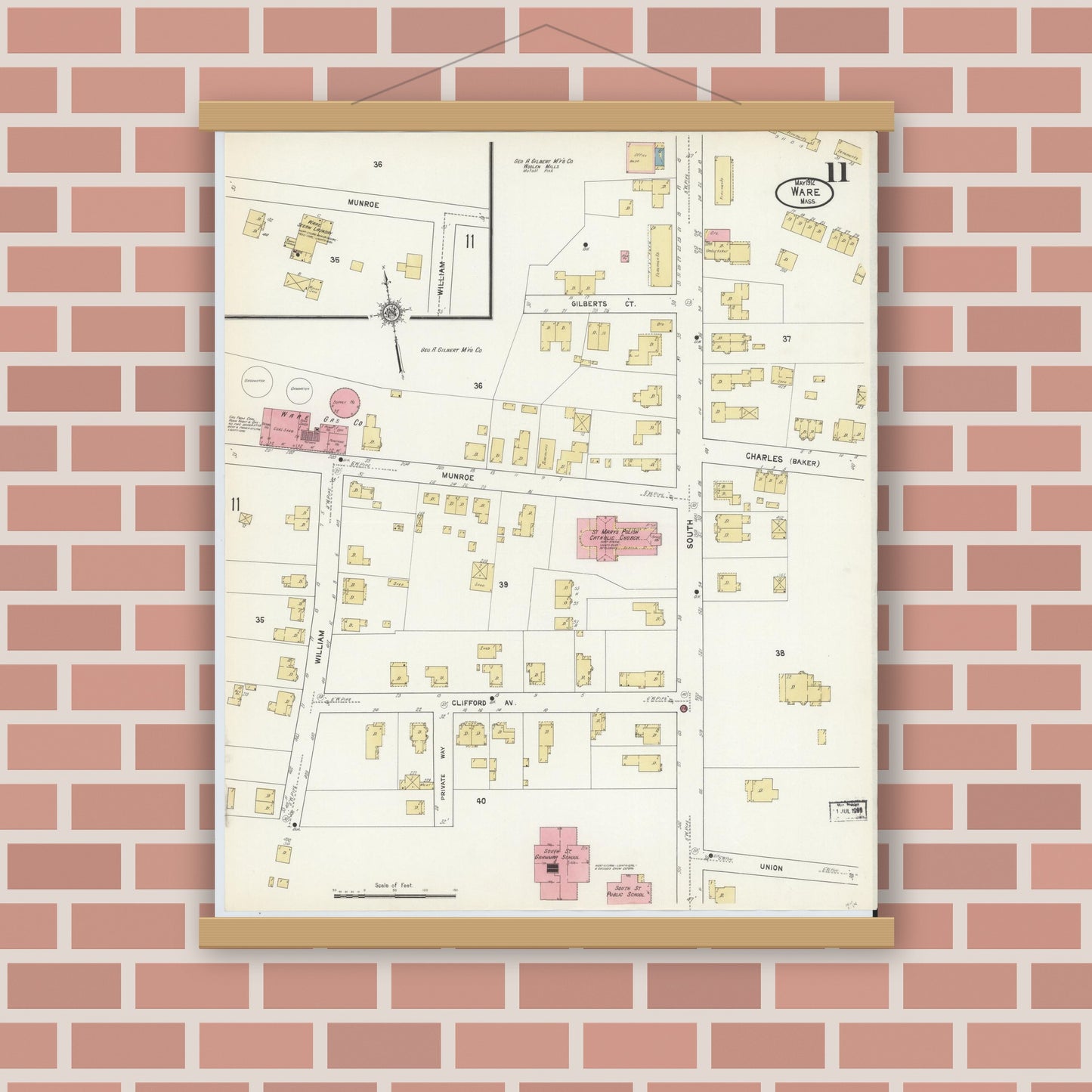 Old map wall art mockup — magnetic wood frame on brick wall — Sanborn Fire Insurance Map from Ware, Hampshire County, Massachusetts (1912), Sheet #0011