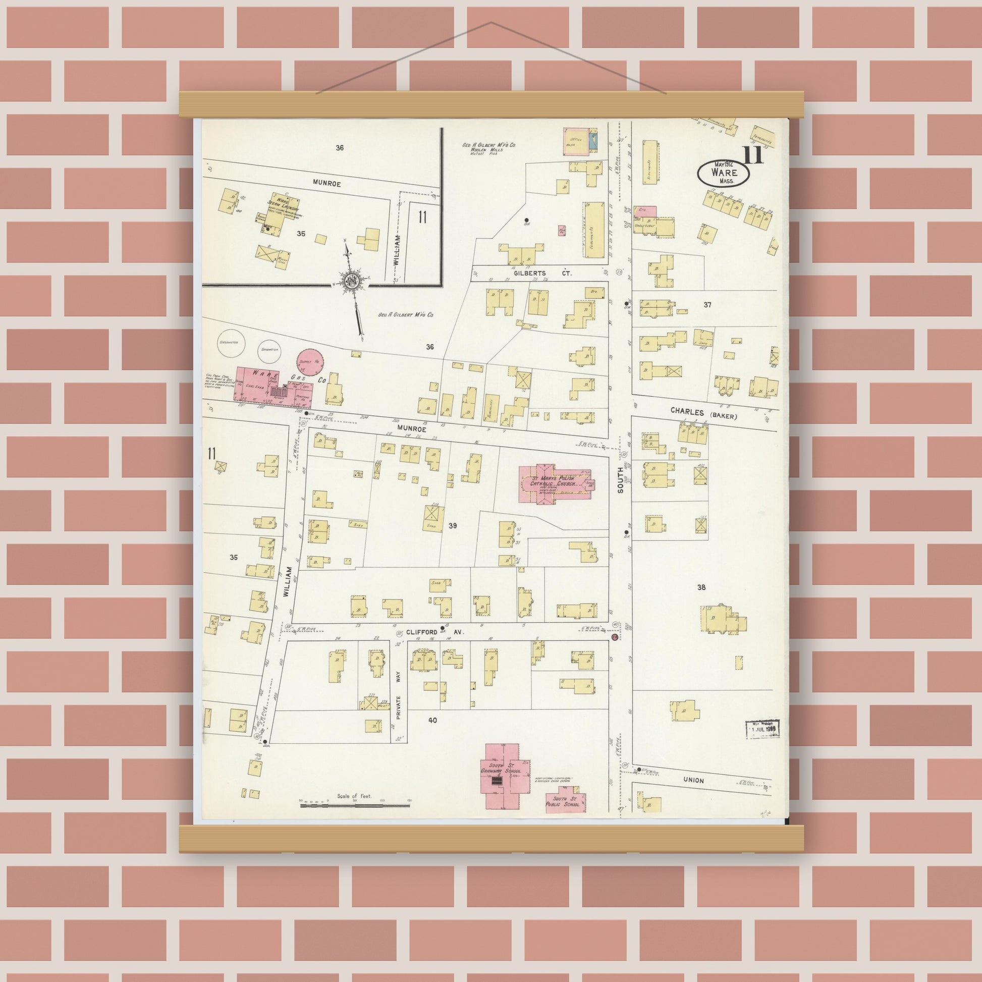 Old map wall art mockup — magnetic wood frame on brick wall — Sanborn Fire Insurance Map from Ware, Hampshire County, Massachusetts (1912), Sheet #0011