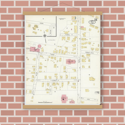 Old map wall art mockup — magnetic wood frame on brick wall — Sanborn Fire Insurance Map from Ware, Hampshire County, Massachusetts (1912), Sheet #0011