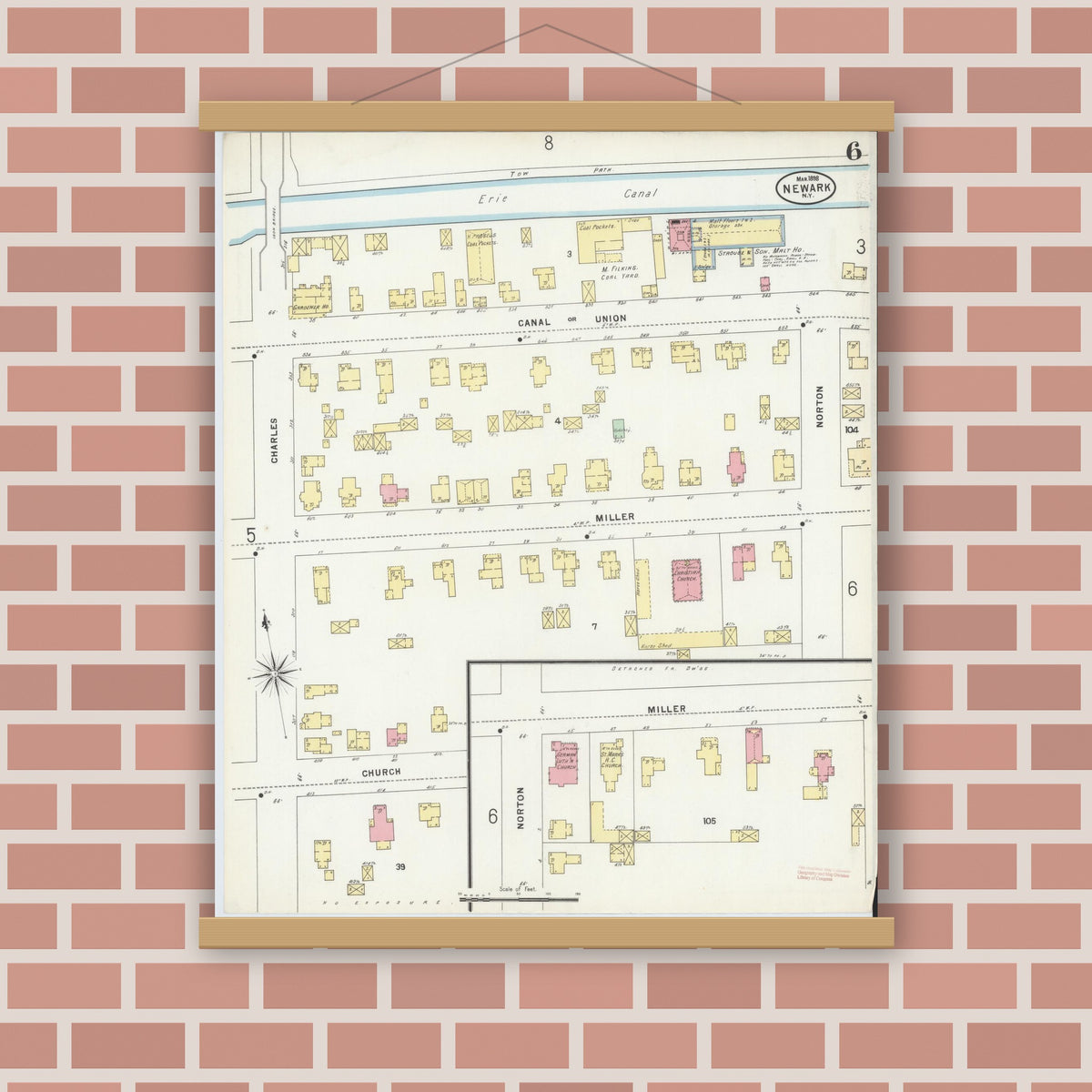 Old map wall art mockup — magnetic wood frame on brick wall — Sanborn Fire Insurance Map from Newark, Wayne County, New York (1898), Sheet #0006