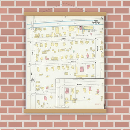 Old map wall art mockup — magnetic wood frame on brick wall — Sanborn Fire Insurance Map from Newark, Wayne County, New York (1898), Sheet #0006