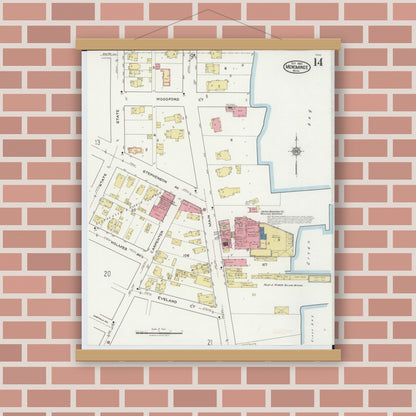 Old map wall art mockup — magnetic wood frame on brick wall — Sanborn Fire Insurance Map from Menominee, Menominee County, Michigan (1921), Sheet #0014