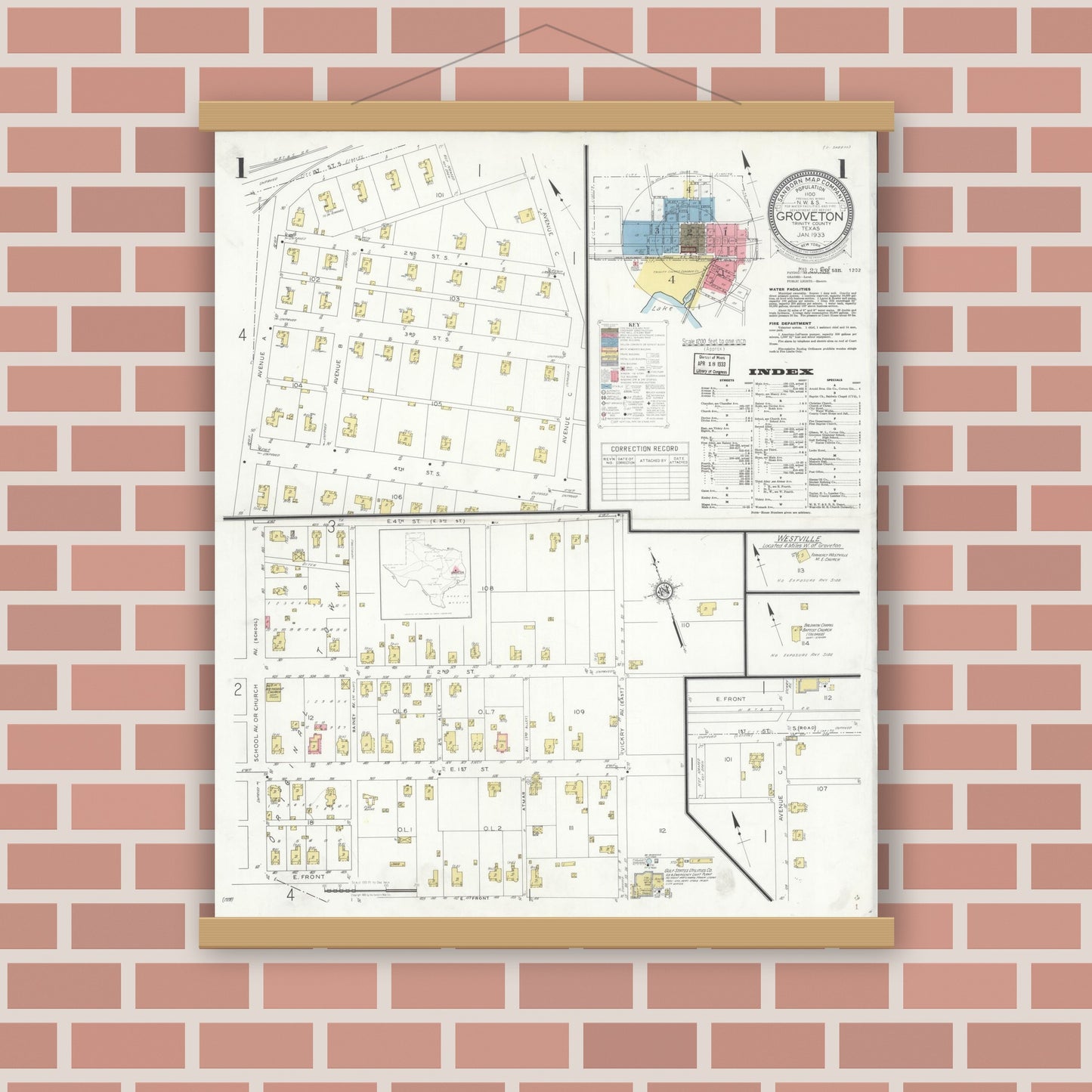Old map wall art mockup — magnetic wood frame on brick wall — Sanborn Fire Insurance Map from Groveton, Trinity County, Texas (1933) - Complete Map Set