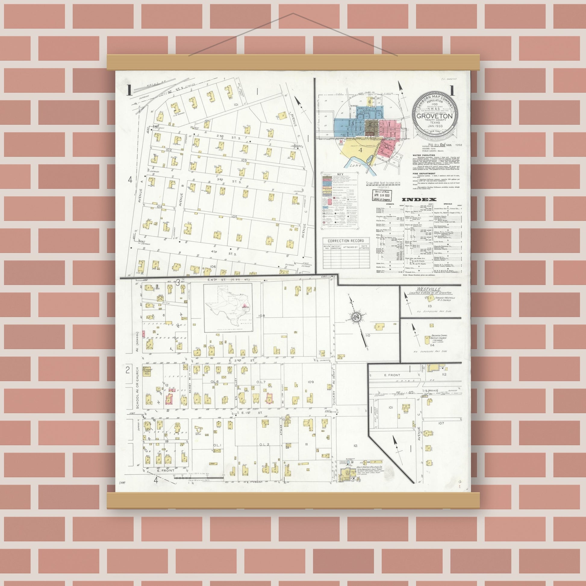 Old map wall art mockup — magnetic wood frame on brick wall — Sanborn Fire Insurance Map from Groveton, Trinity County, Texas (1933) - Complete Map Set