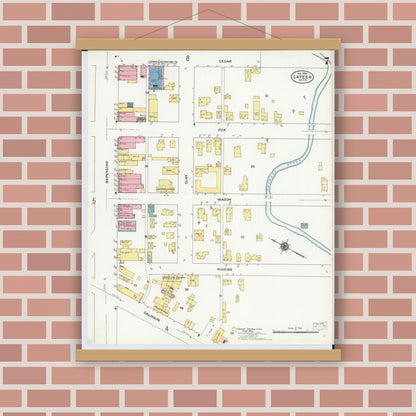 Old map wall art mockup — magnetic wood frame on brick wall — Sanborn Fire Insurance Map from Lapeer, Lapeer County, Michigan (1909), Sheet #0007