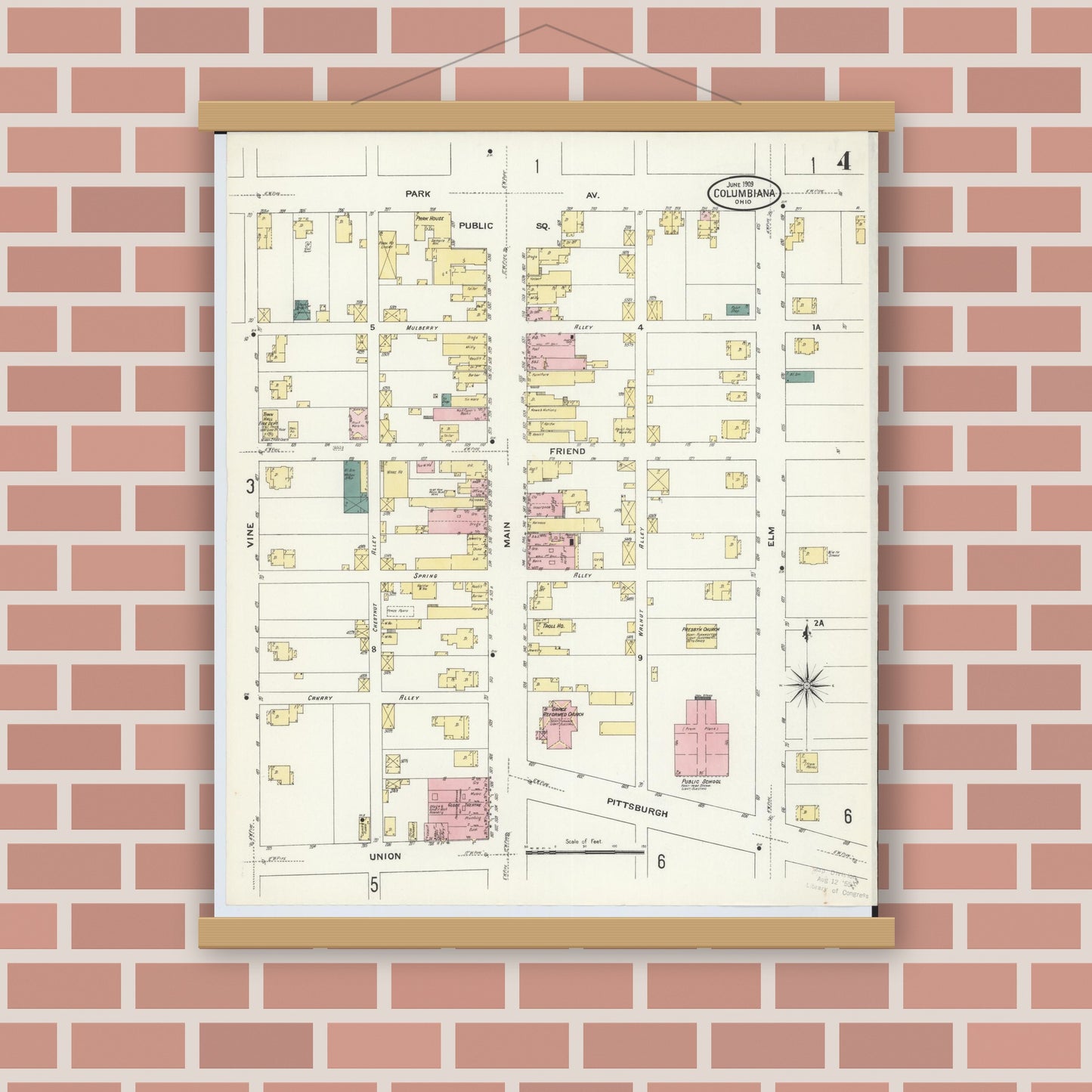 Old map wall art mockup — magnetic wood frame on brick wall — Sanborn Fire Insurance Map from Columbiana, Columbiana County, Ohio (1909), Sheet #0004