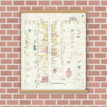 Old map wall art mockup — magnetic wood frame on brick wall — Sanborn Fire Insurance Map from Columbiana, Columbiana County, Ohio (1909), Sheet #0004