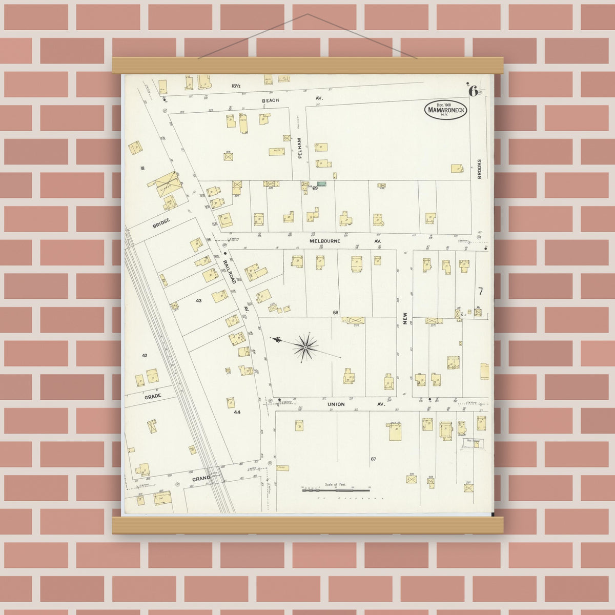 Old map wall art mockup — magnetic wood frame on brick wall — Sanborn Fire Insurance Map from Mamaroneck, Westchester County, New York (1908), Sheet #0006