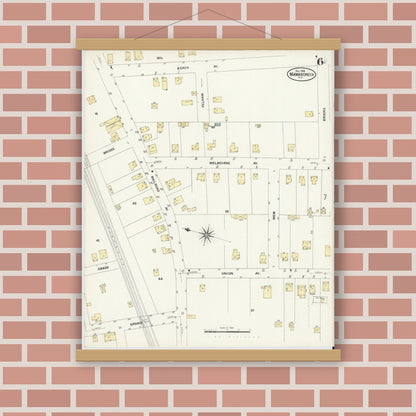 Old map wall art mockup — magnetic wood frame on brick wall — Sanborn Fire Insurance Map from Mamaroneck, Westchester County, New York (1908), Sheet #0006