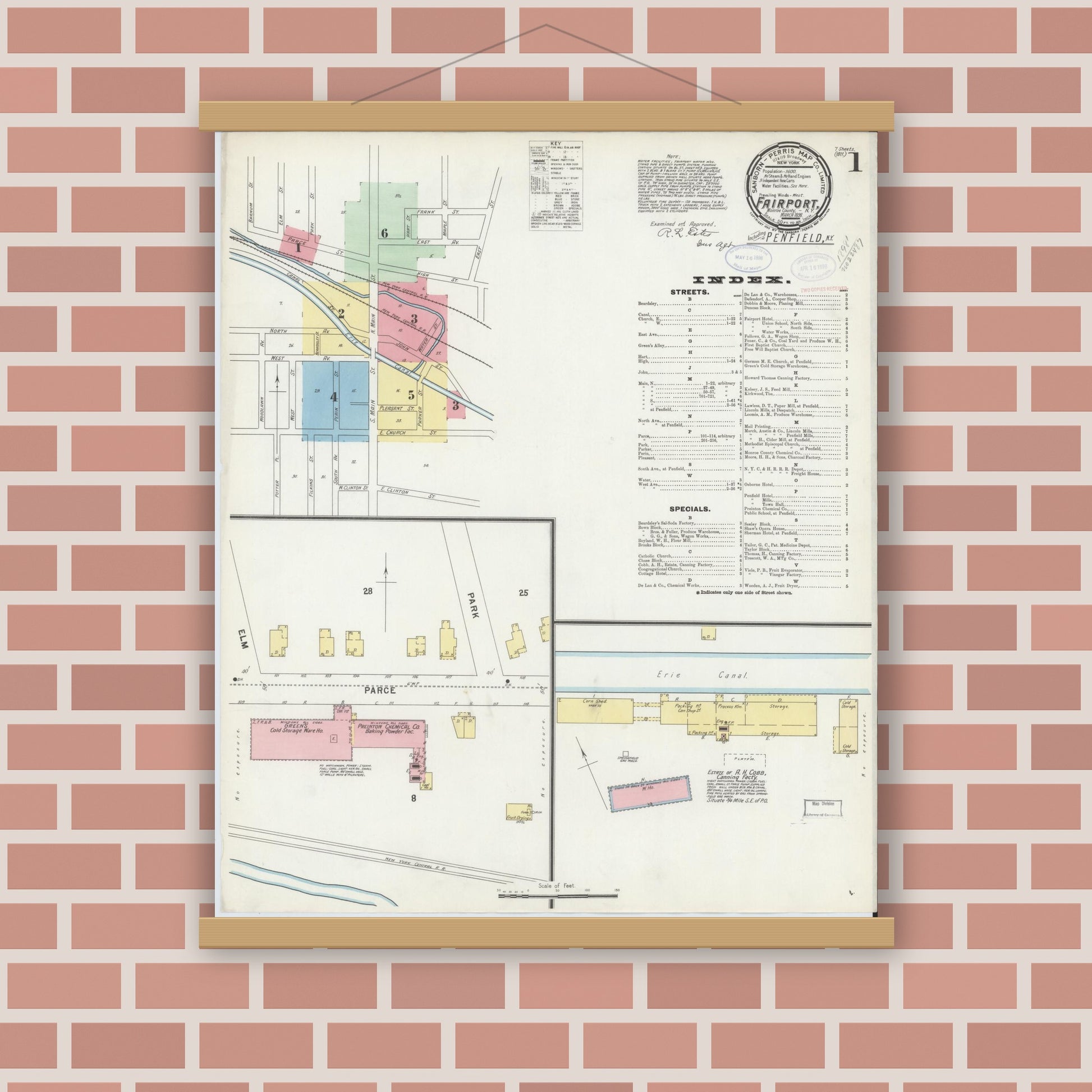 Old map wall art mockup — magnetic wood frame on brick wall — Sanborn Fire Insurance Map from Fairport, Monroe County, New York (1898) - Complete Map Set