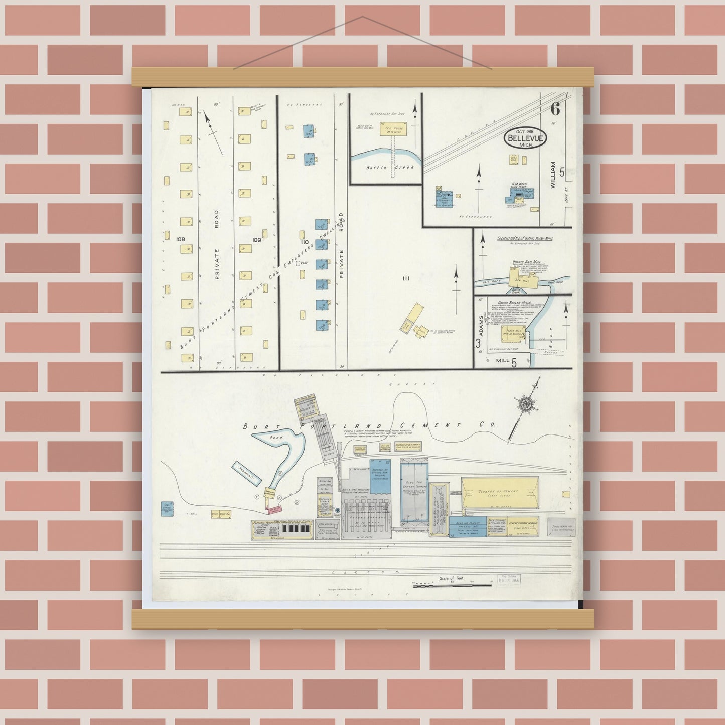 Old map wall art mockup — magnetic wood frame on brick wall — Sanborn Fire Insurance Map from Bellevue, Eaton County, Michigan (1916), Sheet #0006