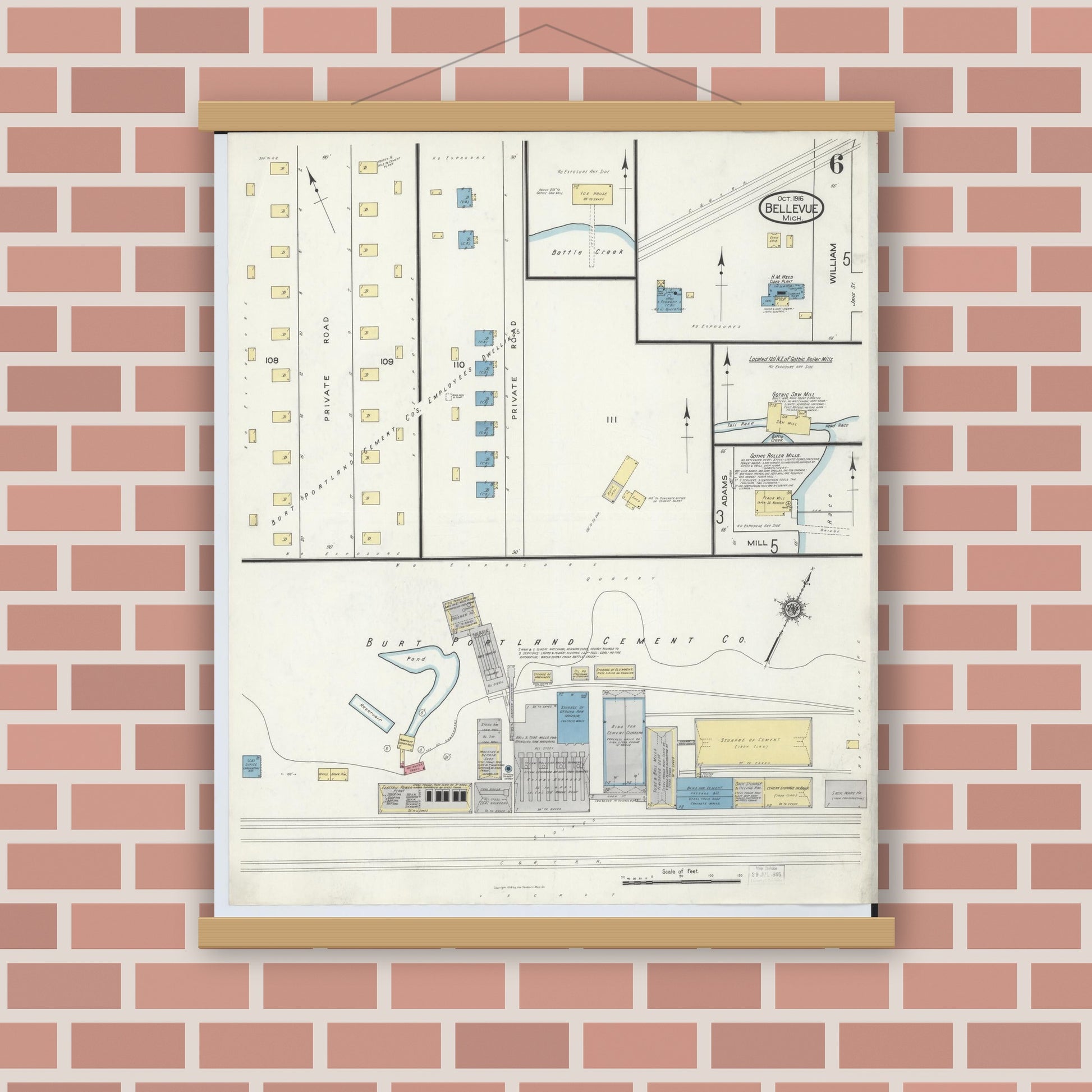 Old map wall art mockup — magnetic wood frame on brick wall — Sanborn Fire Insurance Map from Bellevue, Eaton County, Michigan (1916), Sheet #0006