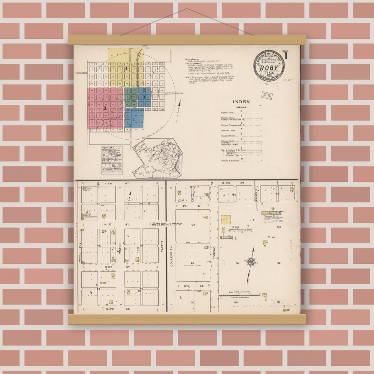 Old map wall art mockup — magnetic wood frame on brick wall — Sanborn Fire Insurance Map from Roby, Fisher County, Texas (1922), Sheet #0001