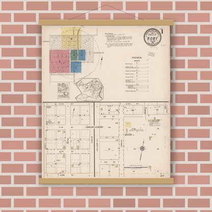 Old map wall art mockup — magnetic wood frame on brick wall — Sanborn Fire Insurance Map from Roby, Fisher County, Texas (1922), Sheet #0001