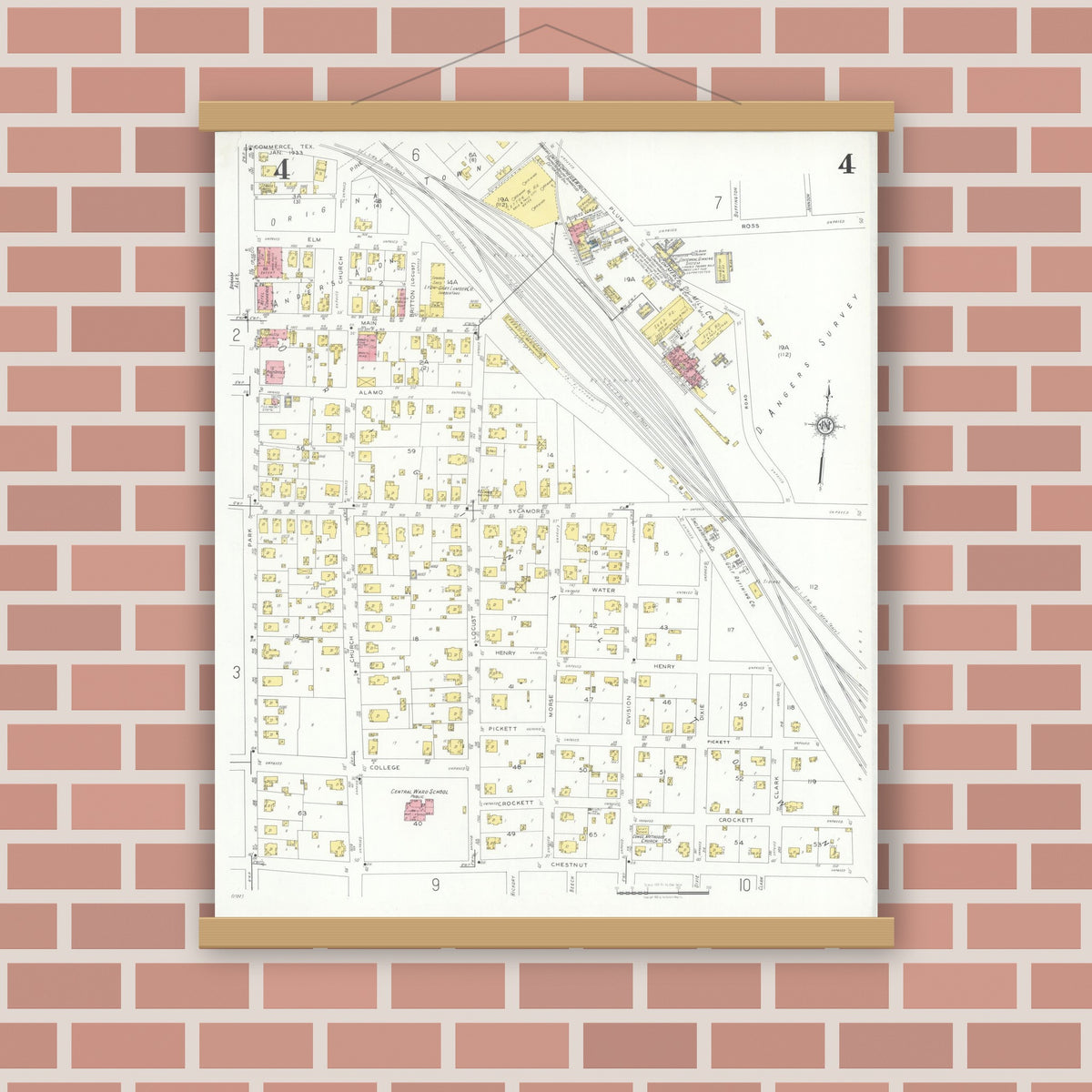 Old map wall art mockup — magnetic wood frame on brick wall — Sanborn Fire Insurance Map from Commerce, Hunt County, Texas (1933), Sheet #0004
