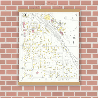 Old map wall art mockup — magnetic wood frame on brick wall — Sanborn Fire Insurance Map from Commerce, Hunt County, Texas (1933), Sheet #0004