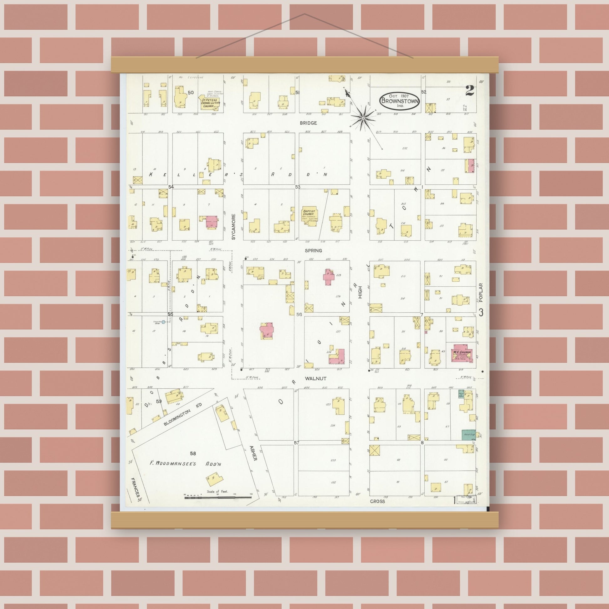 Old map wall art mockup — magnetic wood frame on brick wall — Sanborn Fire Insurance Map from Brownstown, Jackson County, Indiana (1907), Sheet #0002