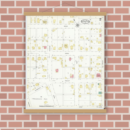 Old map wall art mockup — magnetic wood frame on brick wall — Sanborn Fire Insurance Map from Brownstown, Jackson County, Indiana (1907), Sheet #0002