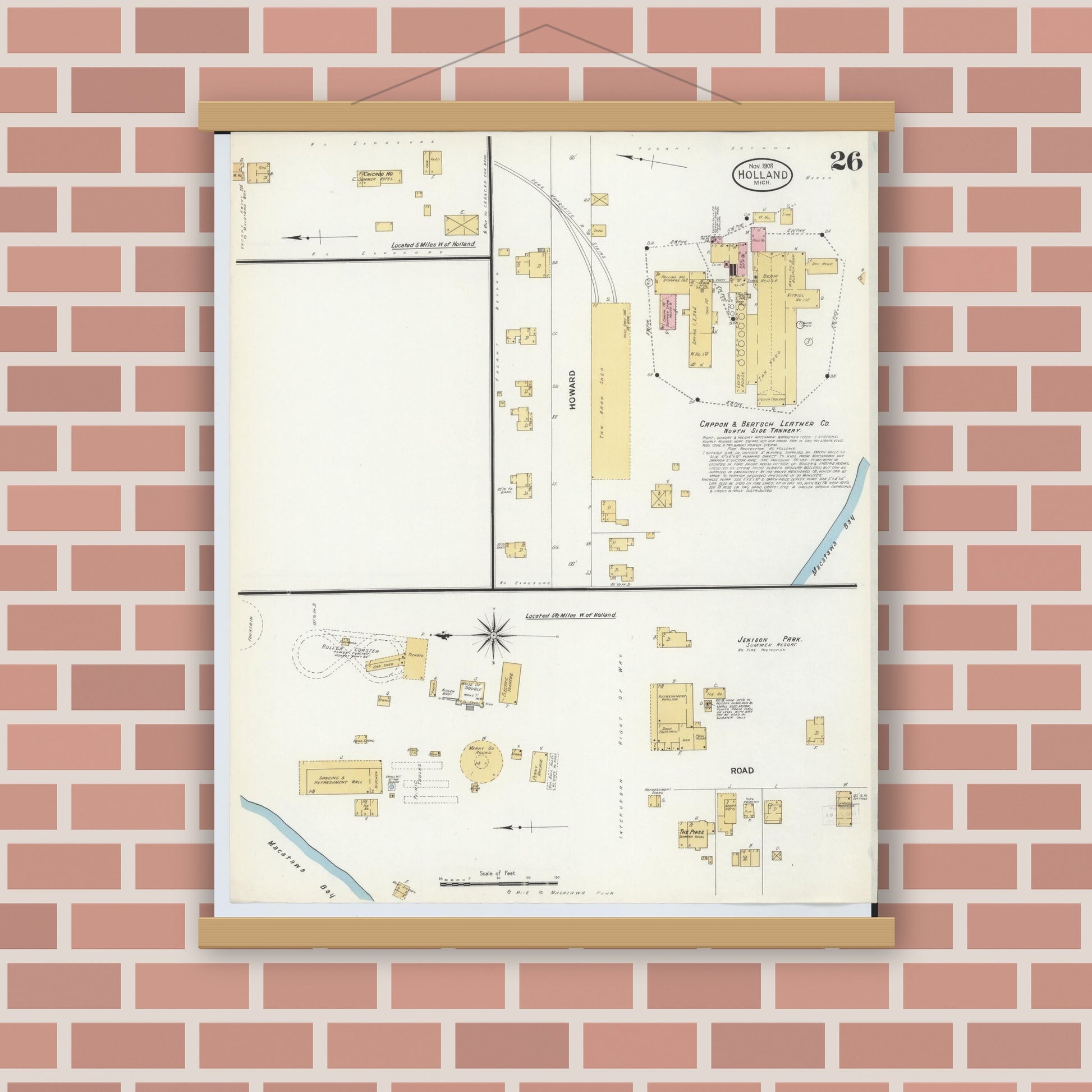Old map wall art mockup — magnetic wood frame on brick wall — Sanborn Fire Insurance Map from Holland, Ottawa County, Michigan (1908), Sheet #0026