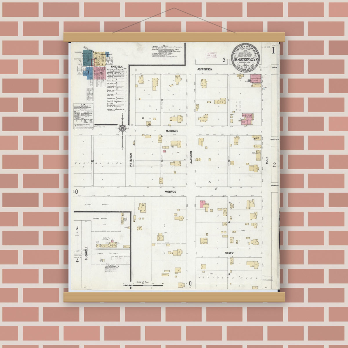 Old map wall art mockup — magnetic wood frame on brick wall — Sanborn Fire Insurance Map from Blandinsville, Mcdonough County, Illinois (1912), Sheet #0001