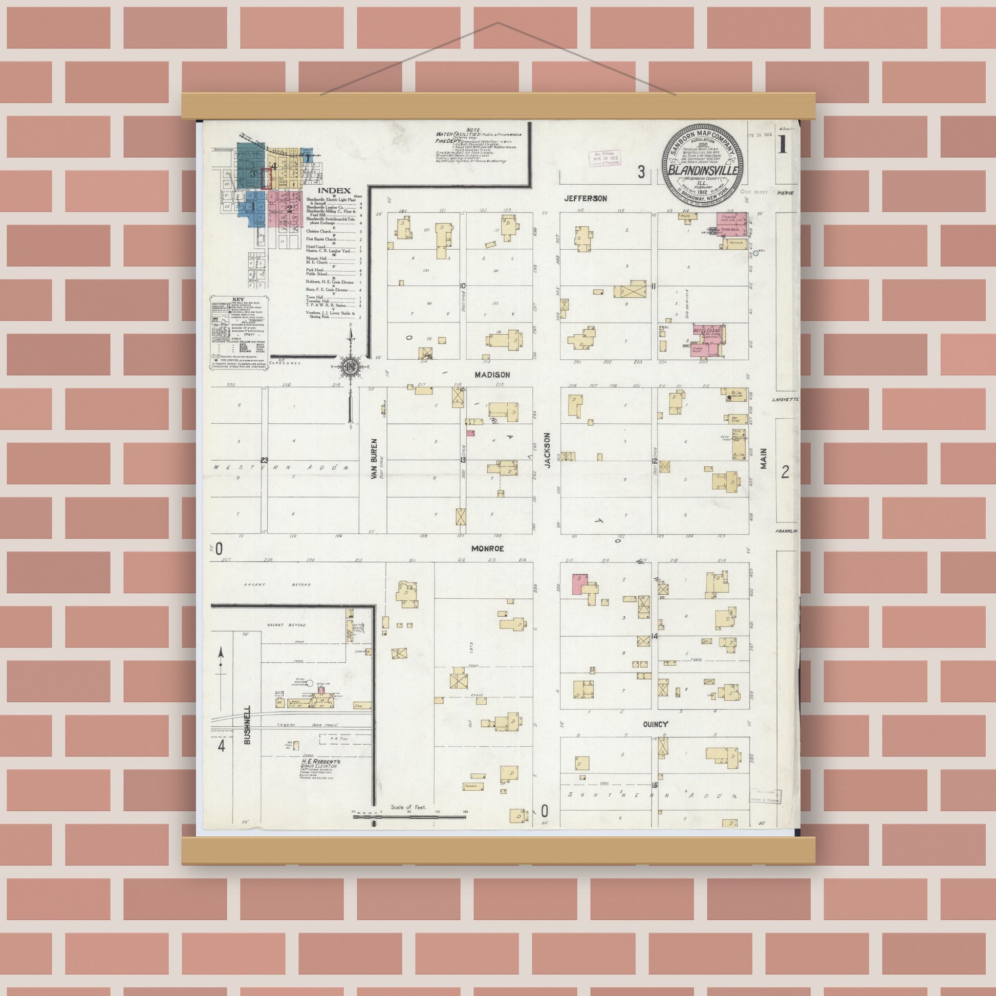 Old map wall art mockup — magnetic wood frame on brick wall — Sanborn Fire Insurance Map from Blandinsville, Mcdonough County, Illinois (1912), Sheet #0001