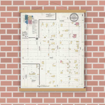 Old map wall art mockup — magnetic wood frame on brick wall — Sanborn Fire Insurance Map from Blandinsville, Mcdonough County, Illinois (1912), Sheet #0001