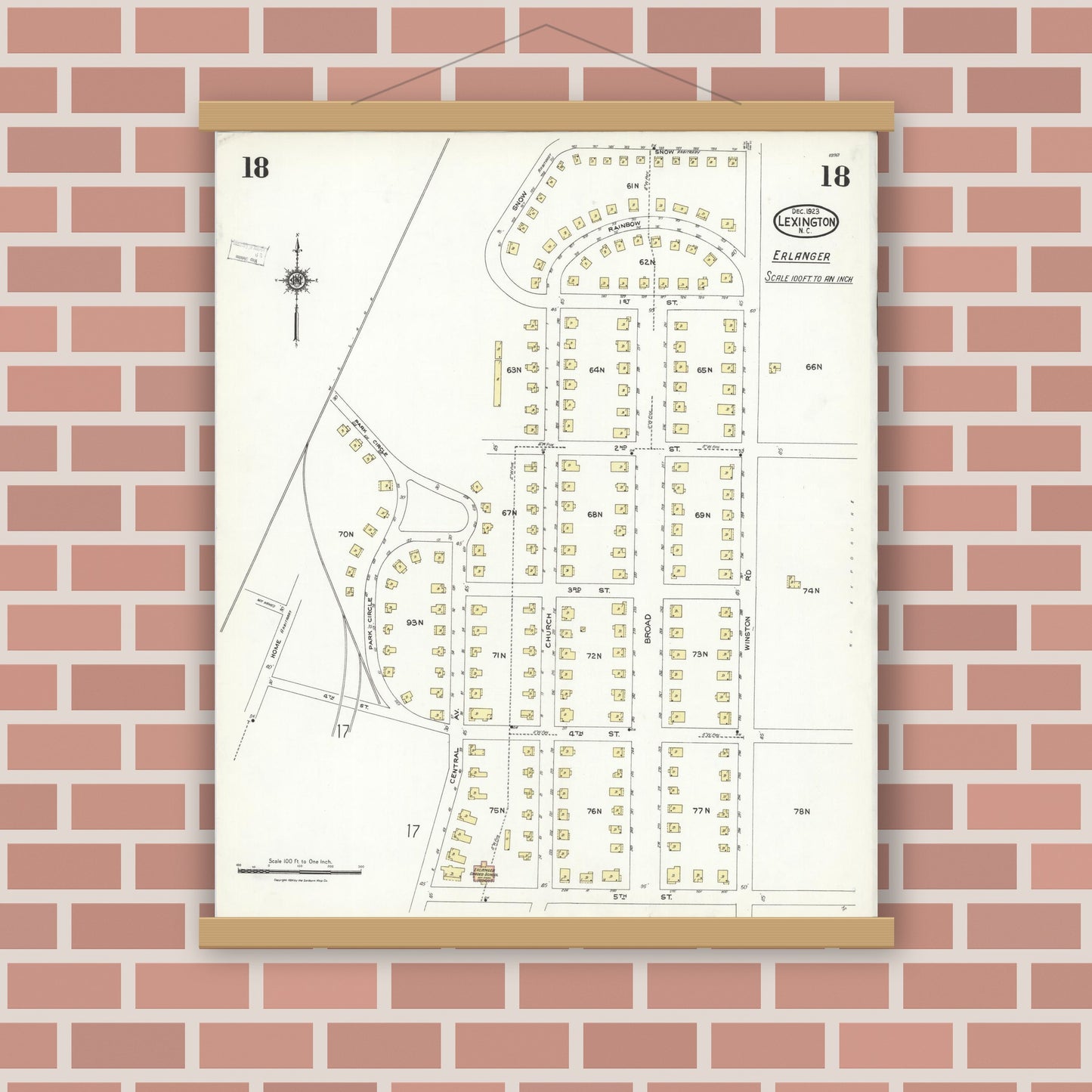 Old map wall art mockup — magnetic wood frame on brick wall — Sanborn Fire Insurance Map from Lexington, Davidson County, North Carolina (1923), Sheet #0018
