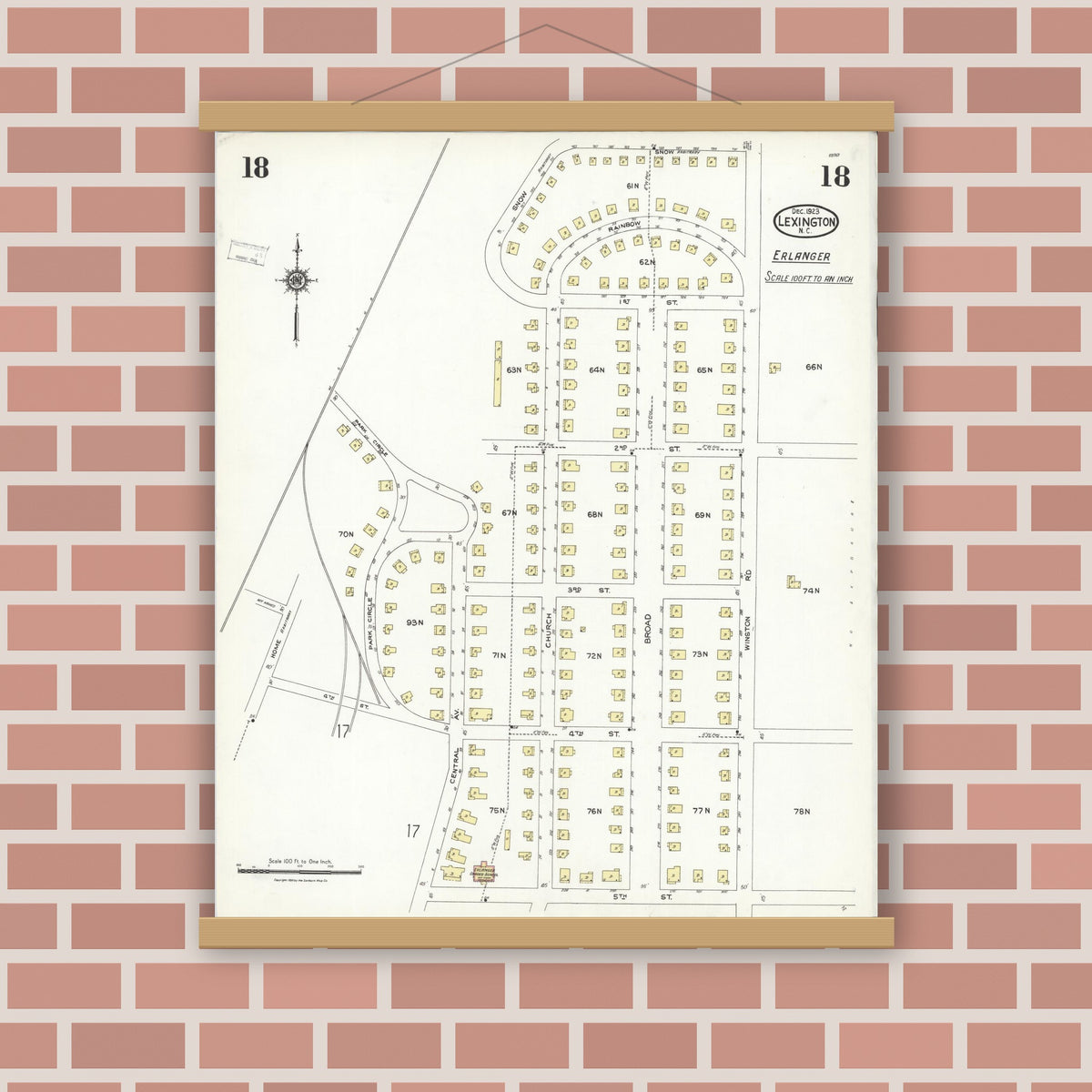 Old map wall art mockup — magnetic wood frame on brick wall — Sanborn Fire Insurance Map from Lexington, Davidson County, North Carolina (1923), Sheet #0018