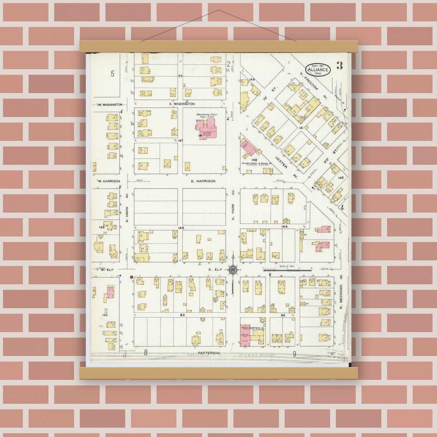 Old map wall art mockup — magnetic wood frame on brick wall — Sanborn Fire Insurance Map from Alliance, Stark County, Ohio (1911), Sheet #0003