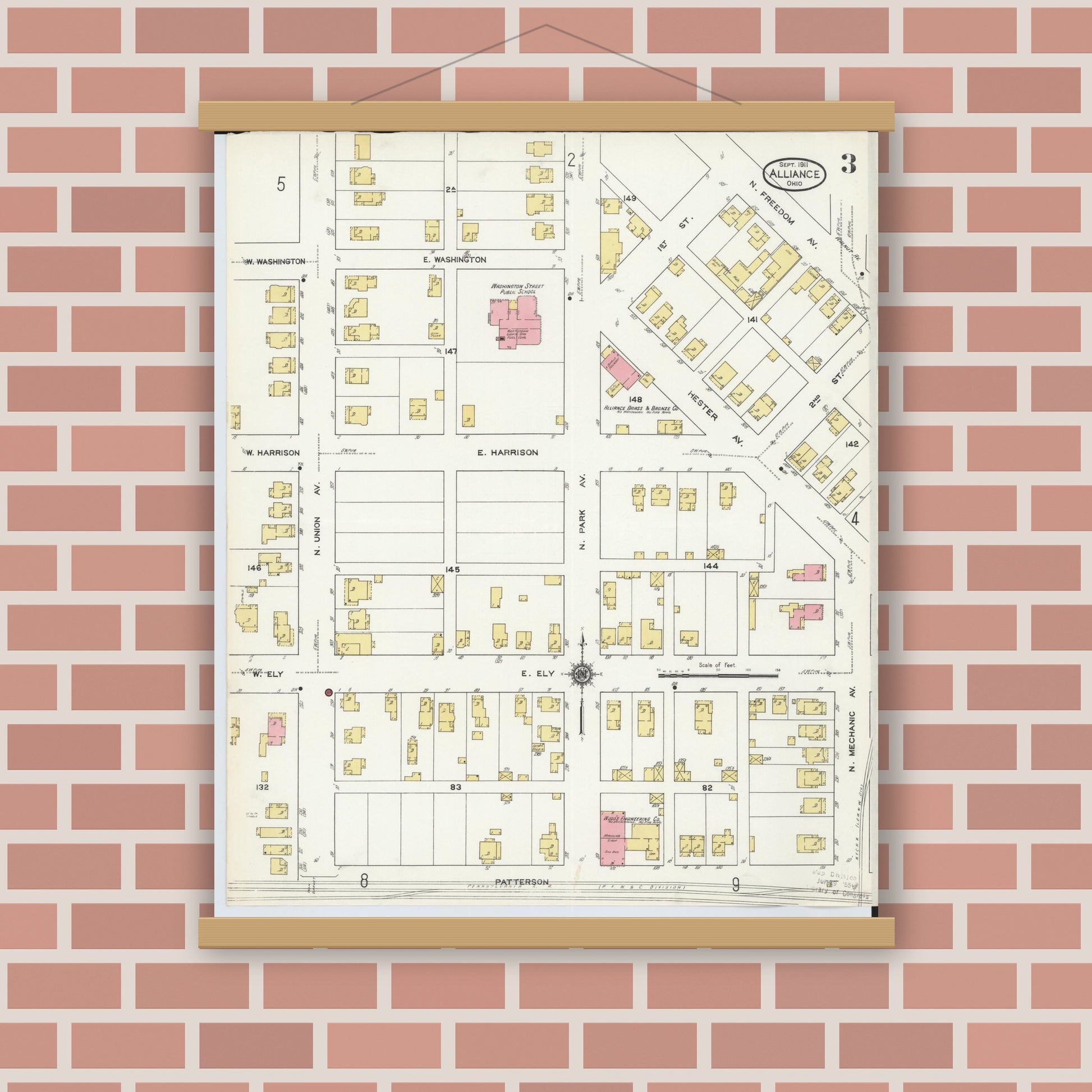 Old map wall art mockup — magnetic wood frame on brick wall — Sanborn Fire Insurance Map from Alliance, Stark County, Ohio (1911), Sheet #0003