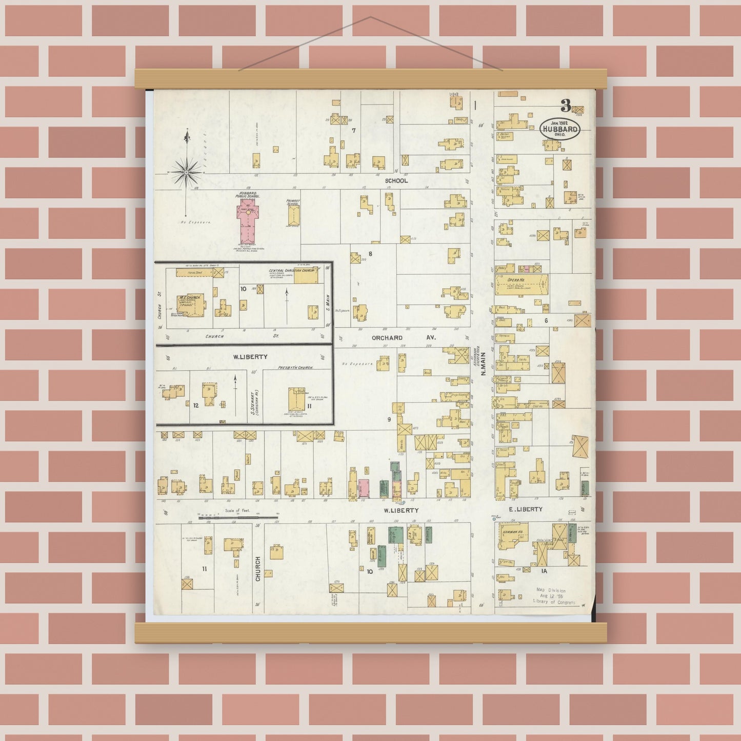 Old map wall art mockup — magnetic wood frame on brick wall — Sanborn Fire Insurance Map from Hubbard, Trumbull County, Ohio (1902), Sheet #0003