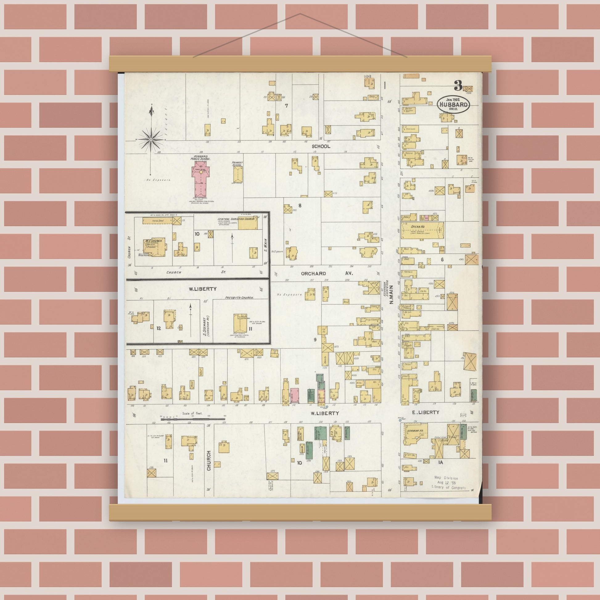 Old map wall art mockup — magnetic wood frame on brick wall — Sanborn Fire Insurance Map from Hubbard, Trumbull County, Ohio (1902), Sheet #0003