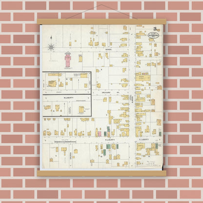 Old map wall art mockup — magnetic wood frame on brick wall — Sanborn Fire Insurance Map from Hubbard, Trumbull County, Ohio (1902), Sheet #0003