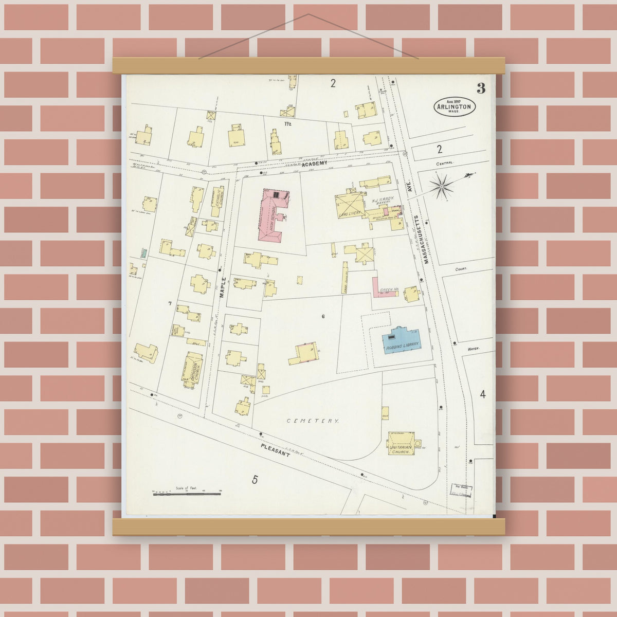 Old map wall art mockup — magnetic wood frame on brick wall — Sanborn Fire Insurance Map from Arlington, Middlesex County, Massachusetts (1897), Sheet #0003