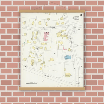 Old map wall art mockup — magnetic wood frame on brick wall — Sanborn Fire Insurance Map from Arlington, Middlesex County, Massachusetts (1897), Sheet #0003