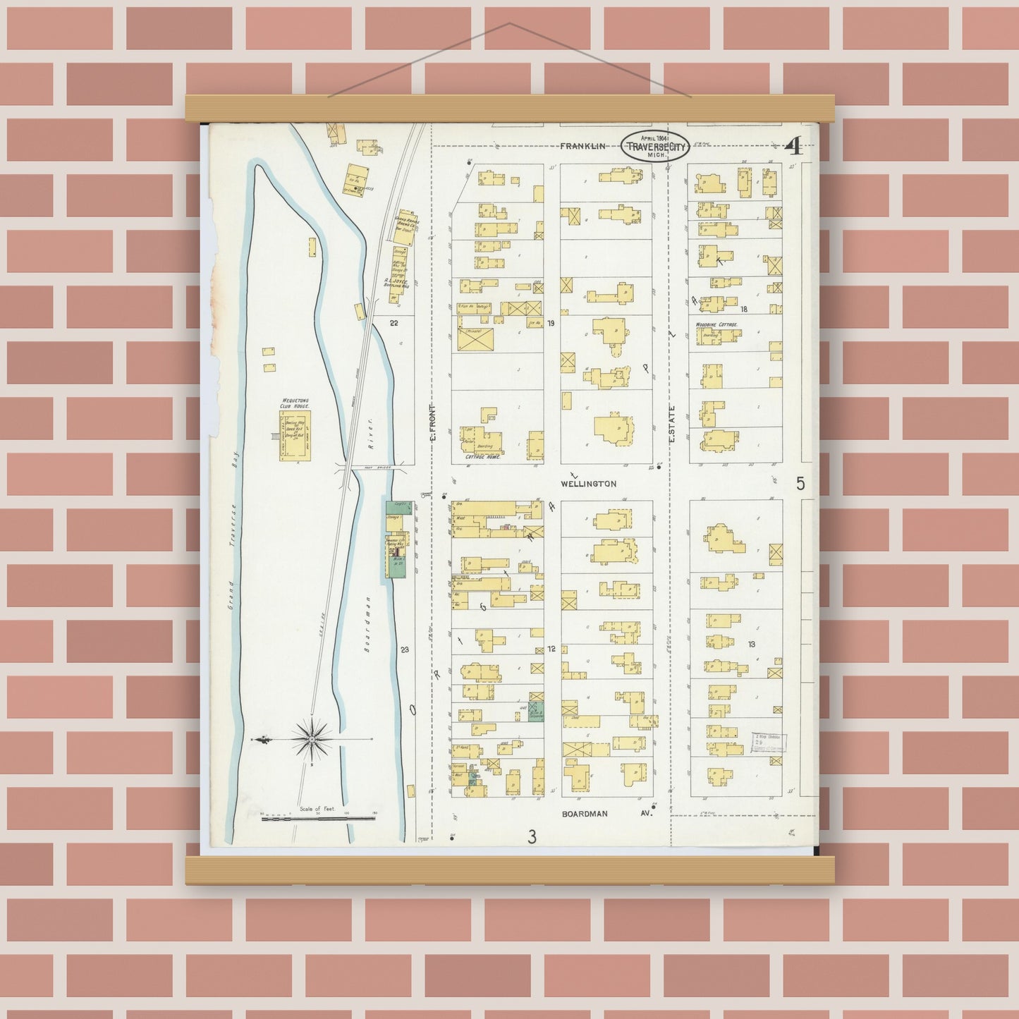 Old map wall art mockup — magnetic wood frame on brick wall — Sanborn Fire Insurance Map from Traverse City, Grand Traverse County, Michigan (1904), Sheet #0004