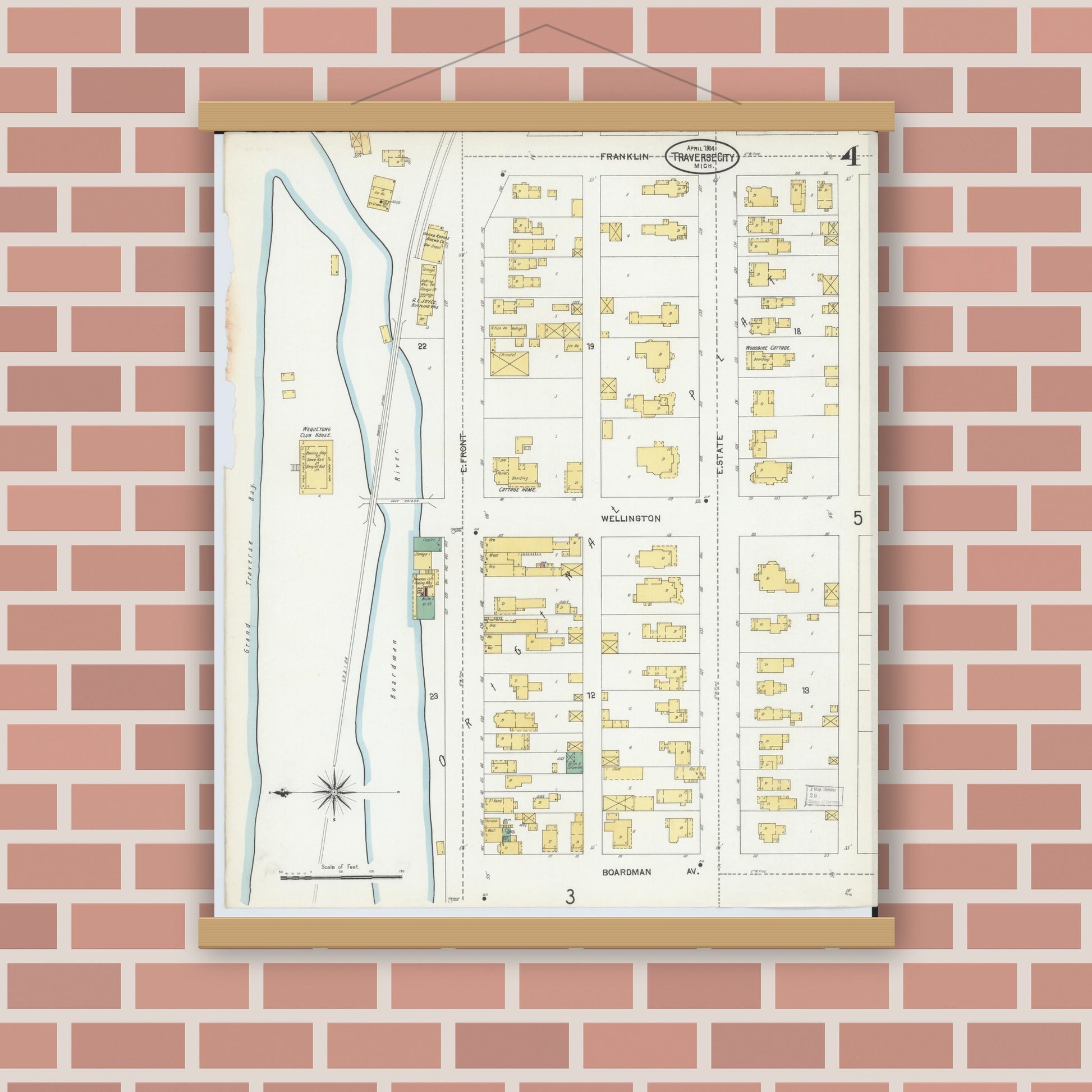 Old map wall art mockup — magnetic wood frame on brick wall — Sanborn Fire Insurance Map from Traverse City, Grand Traverse County, Michigan (1904), Sheet #0004