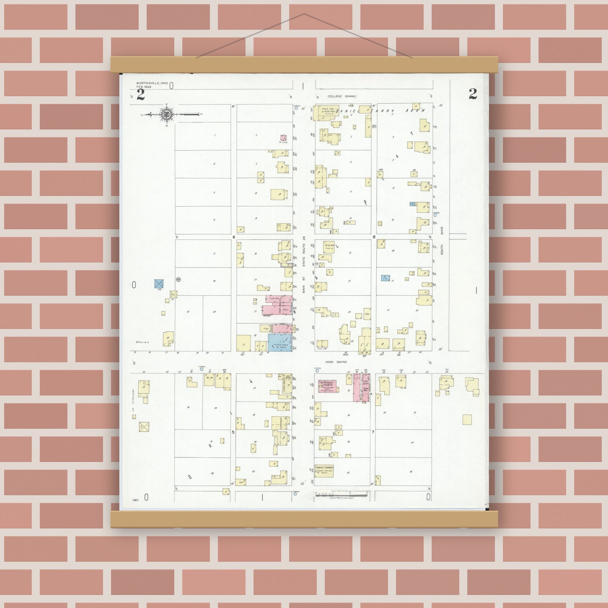 Old map wall art mockup — magnetic wood frame on brick wall — Sanborn Fire Insurance Map from Martinsville, Clinton County, Ohio (1948), Sheet #0002