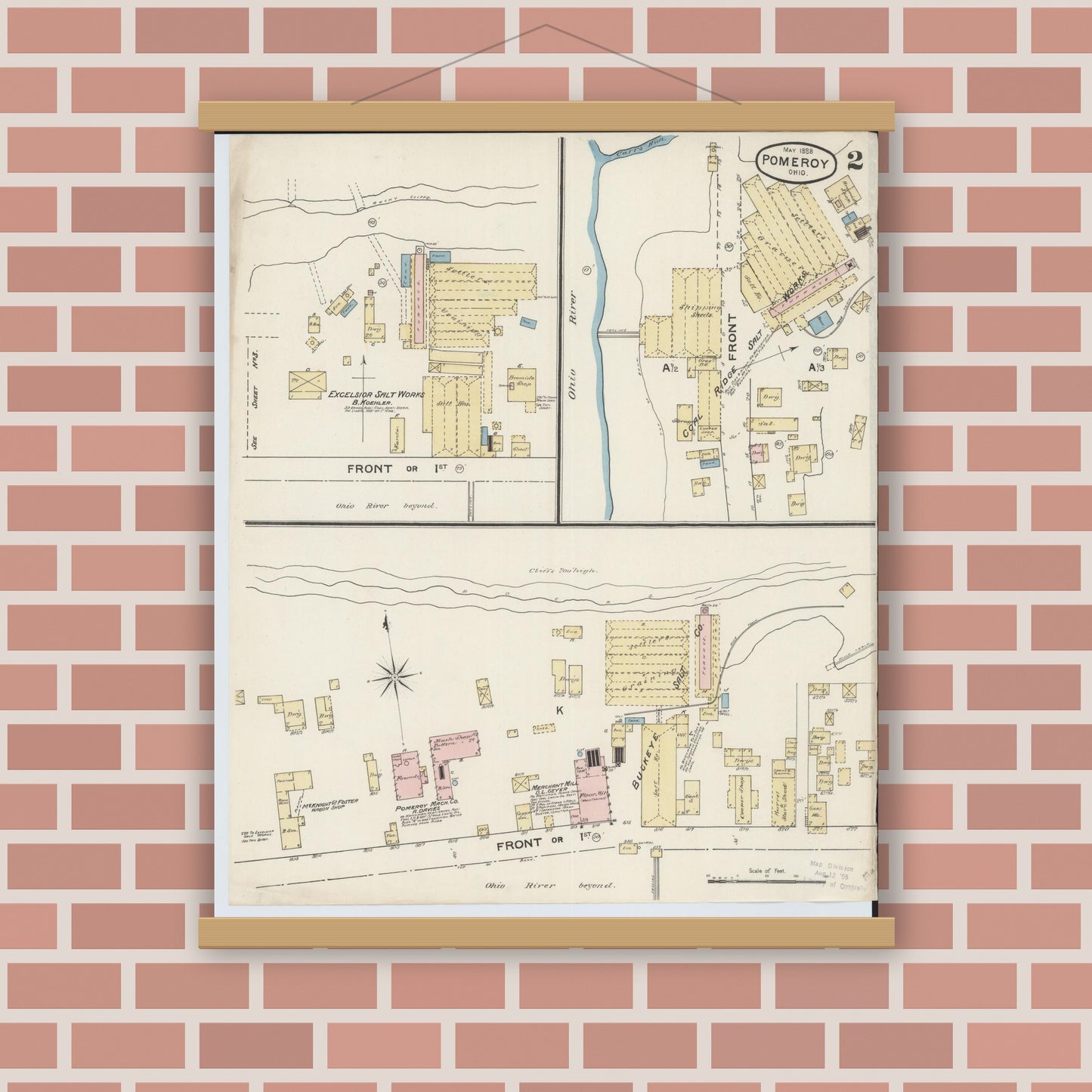 Old map wall art mockup — magnetic wood frame on brick wall — Sanborn Fire Insurance Map from Pomeroy, Meigs County, Ohio (1888), Sheet #0002
