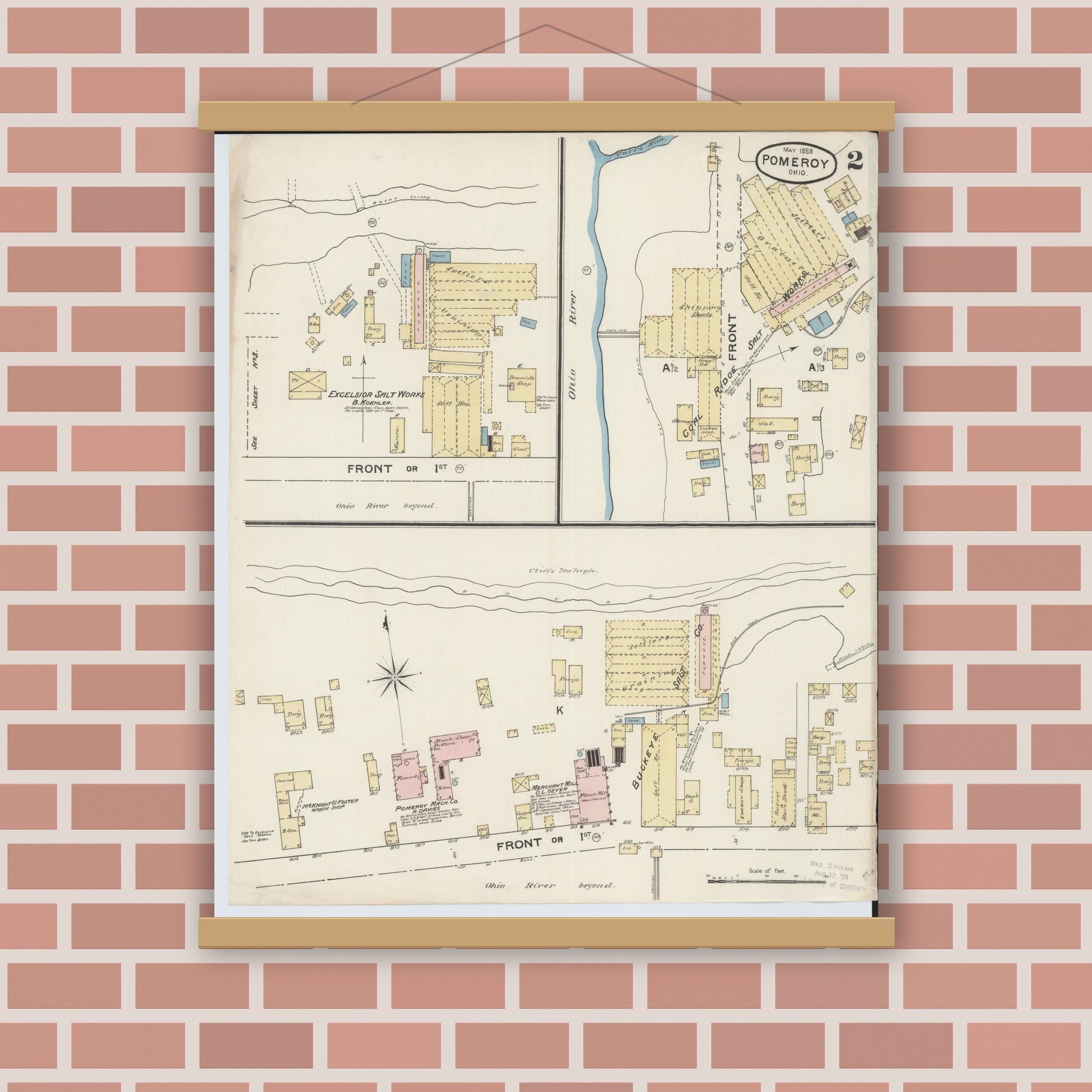 Old map wall art mockup — magnetic wood frame on brick wall — Sanborn Fire Insurance Map from Pomeroy, Meigs County, Ohio (1888), Sheet #0002