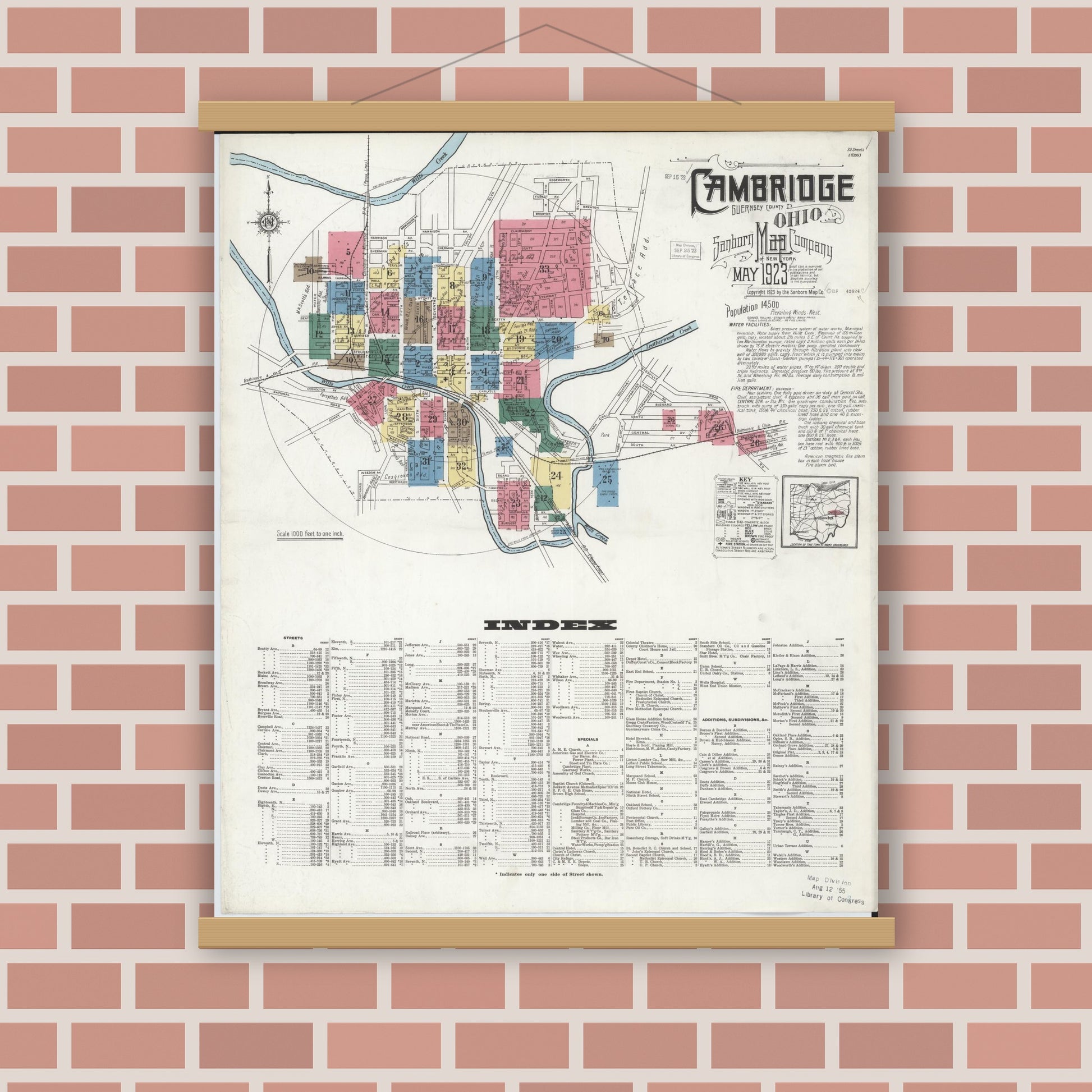 Old map wall art mockup — magnetic wood frame on brick wall — Sanborn Fire Insurance Map from Cambridge, Guernsey County, Ohio (1923), Sheet #0001