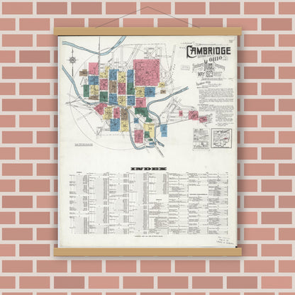 Old map wall art mockup — magnetic wood frame on brick wall — Sanborn Fire Insurance Map from Cambridge, Guernsey County, Ohio (1923), Sheet #0001