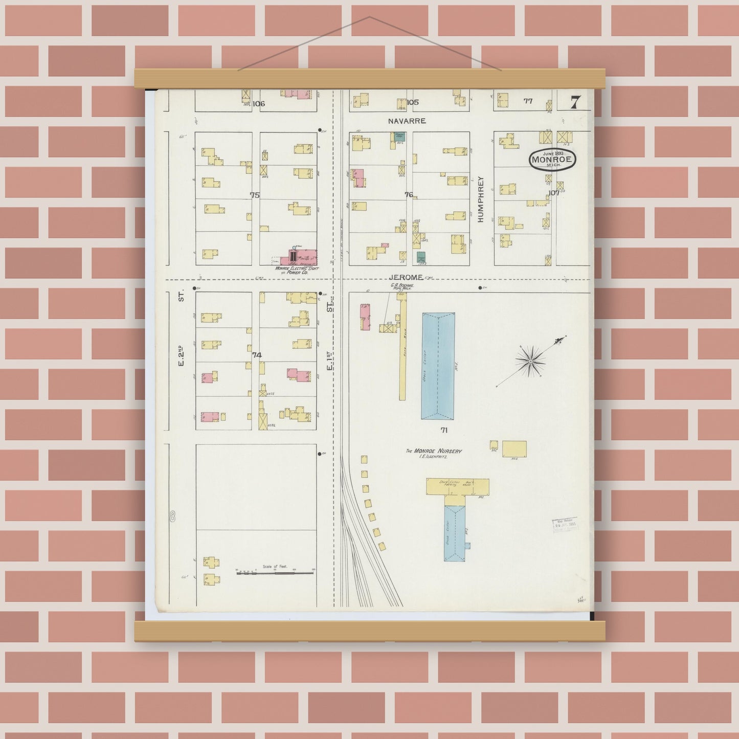 Old map wall art mockup — magnetic wood frame on brick wall — Sanborn Fire Insurance Map from Monroe, Monroe County, Michigan (1893), Sheet #0007