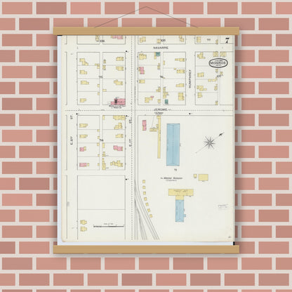 Old map wall art mockup — magnetic wood frame on brick wall — Sanborn Fire Insurance Map from Monroe, Monroe County, Michigan (1893), Sheet #0007