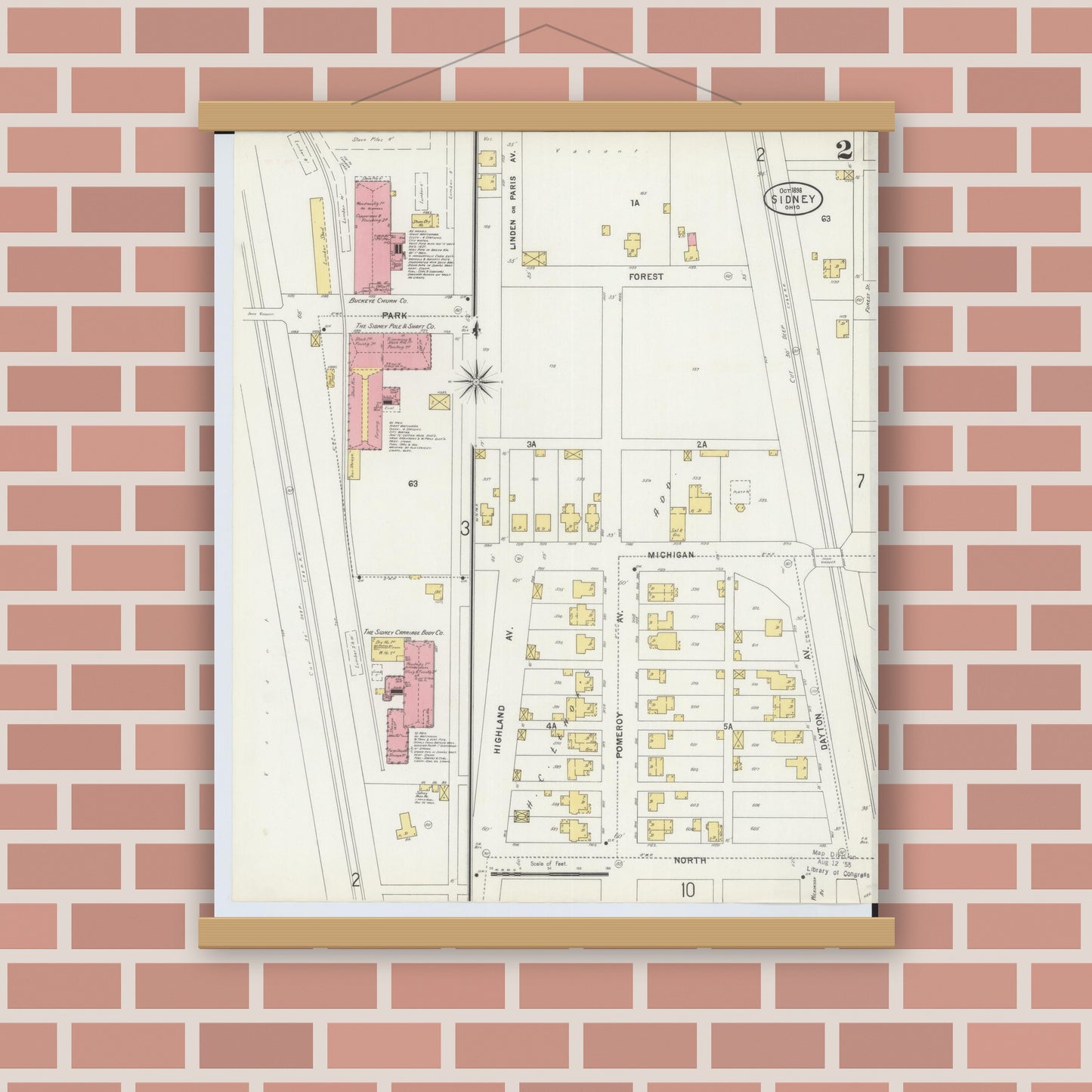 Old map wall art mockup — magnetic wood frame on brick wall — Sanborn Fire Insurance Map from Sidney, Shelby County, Ohio (1898), Sheet #0002