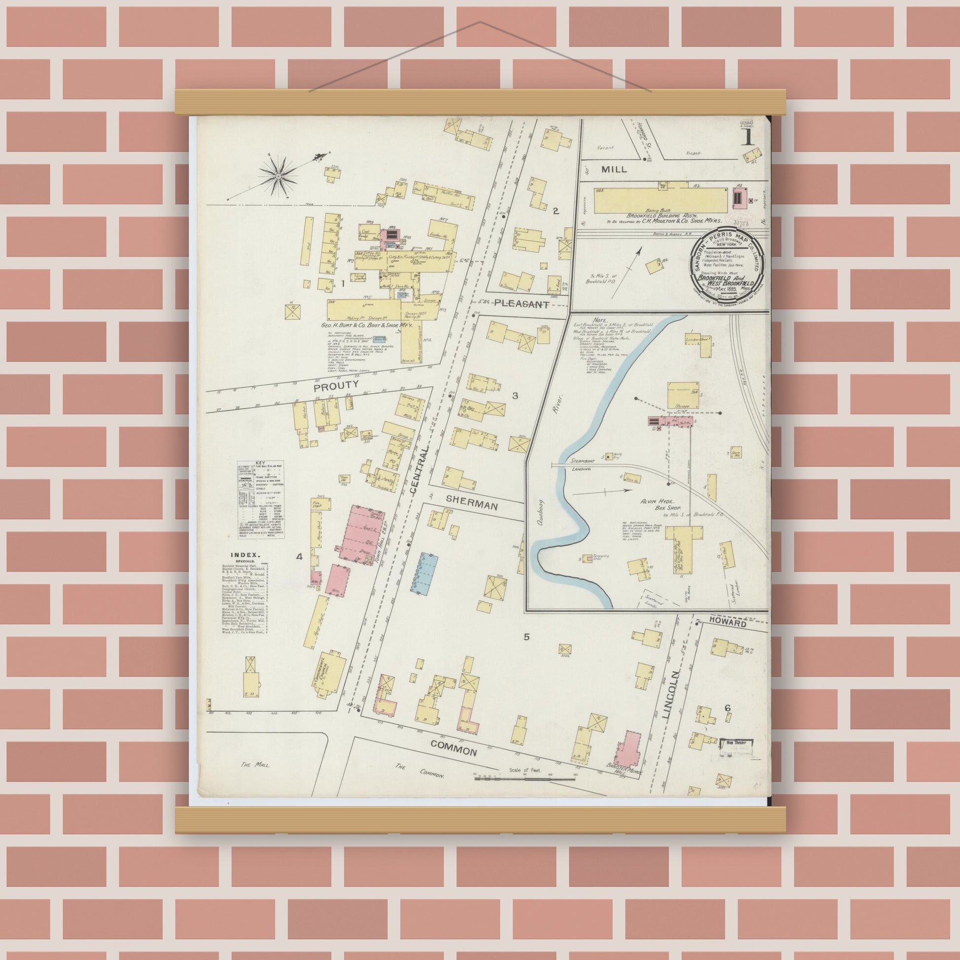 Old map wall art mockup — magnetic wood frame on brick wall — Sanborn Fire Insurance Map from Brookfield, Worcester County, Massachusetts (1893), Sheet #0001