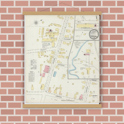 Old map wall art mockup — magnetic wood frame on brick wall — Sanborn Fire Insurance Map from Brookfield, Worcester County, Massachusetts (1893), Sheet #0001