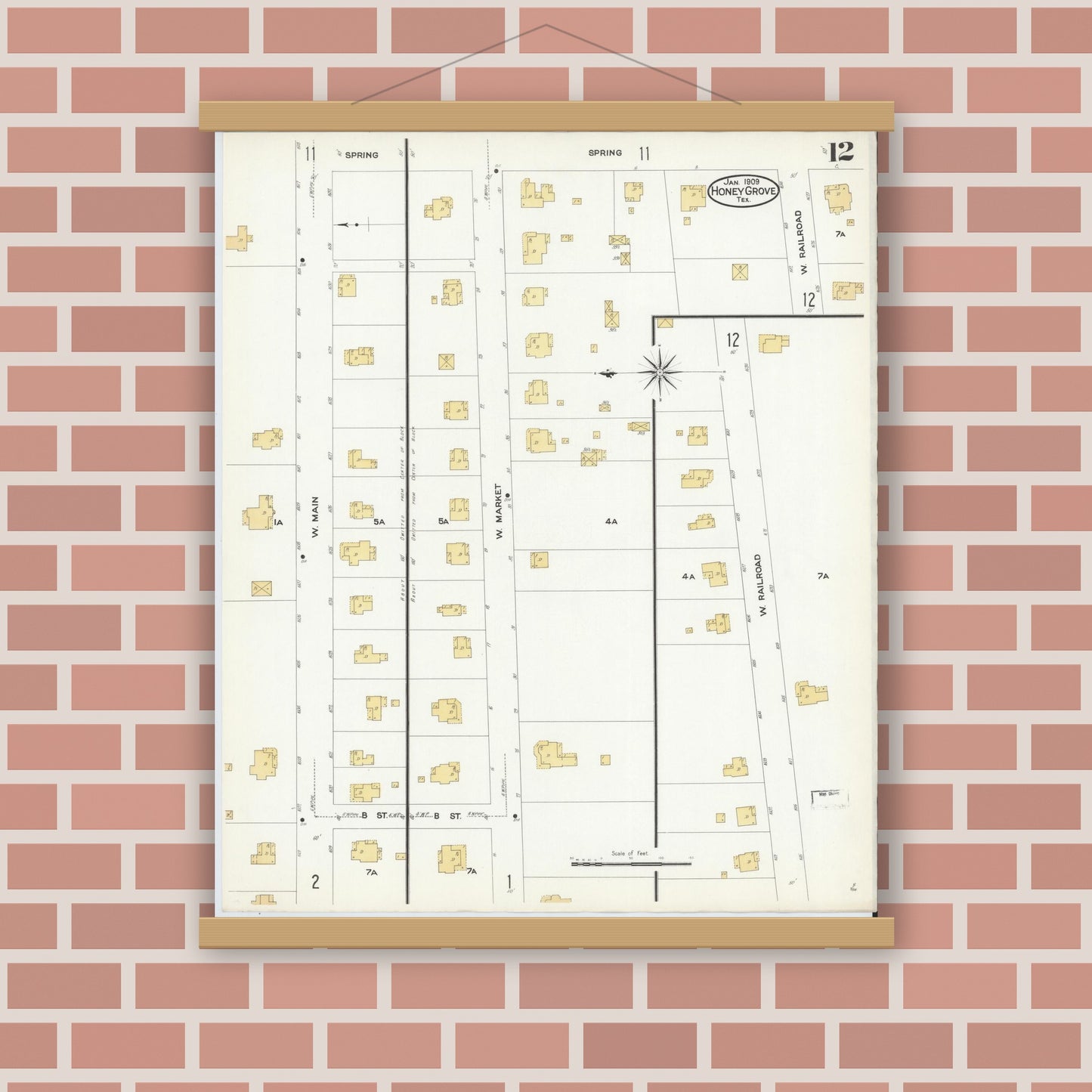 Old map wall art mockup — magnetic wood frame on brick wall — Sanborn Fire Insurance Map from Honey Grove, Fannin County, Texas (1909), Sheet #0012