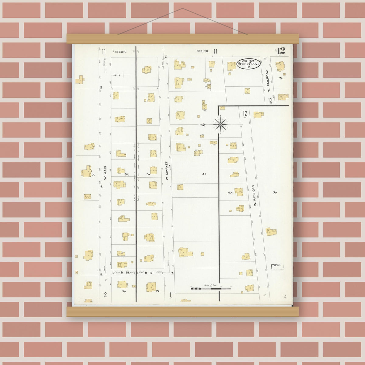 Old map wall art mockup — magnetic wood frame on brick wall — Sanborn Fire Insurance Map from Honey Grove, Fannin County, Texas (1909), Sheet #0012