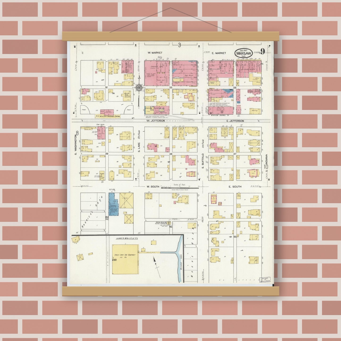 Old map wall art mockup — magnetic wood frame on brick wall — Sanborn Fire Insurance Map from Warsaw, Kosciusko County, Indiana (1917), Sheet #0009